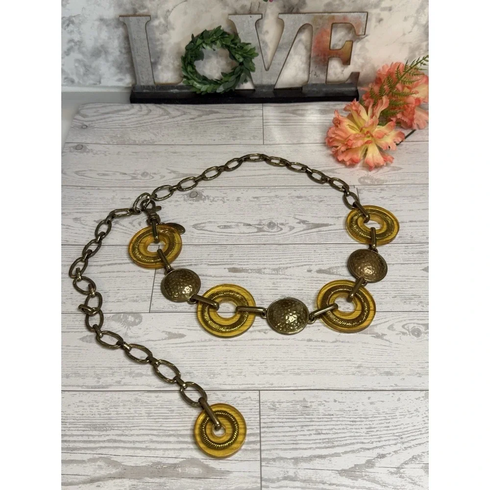 Chicos Metal Yellow Lucite Bronze Medallion‎ Chain Adjustable Belt Necklace 34